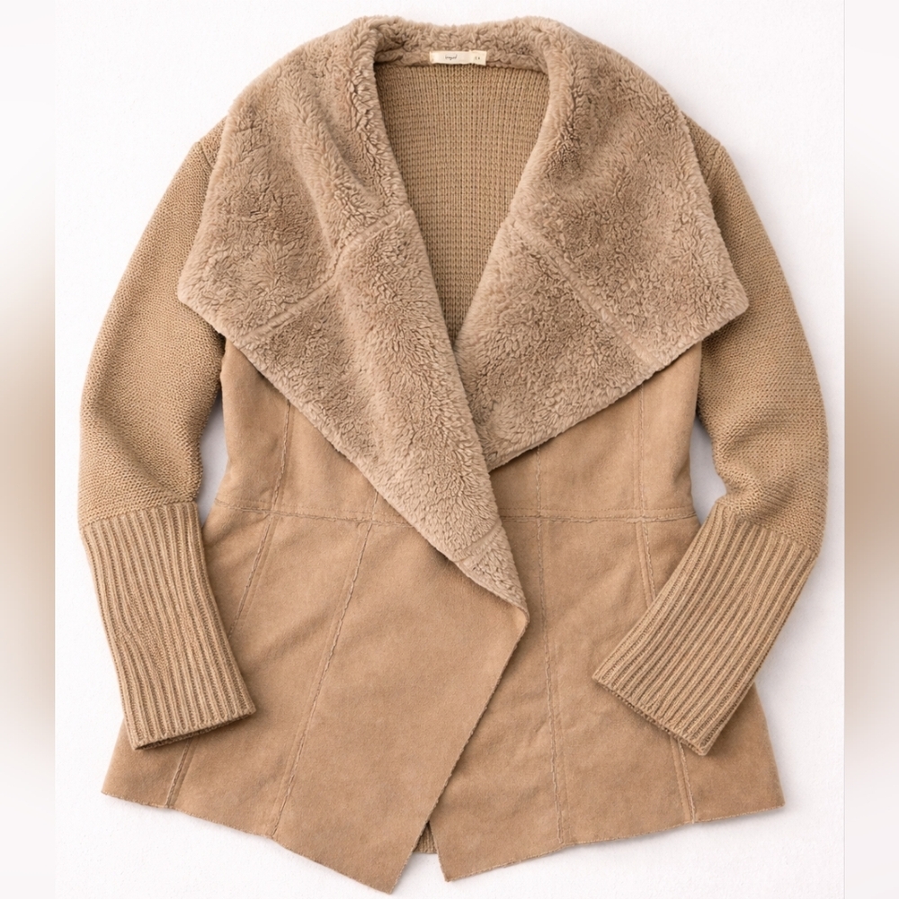 Plus Size 1X Faux Sherpa Jacket Open Front Cozy Neutral Tan Winter Coat